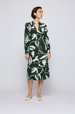 BOSS - Langarm-Kleid mit Blumen-Print und Bindegürtel