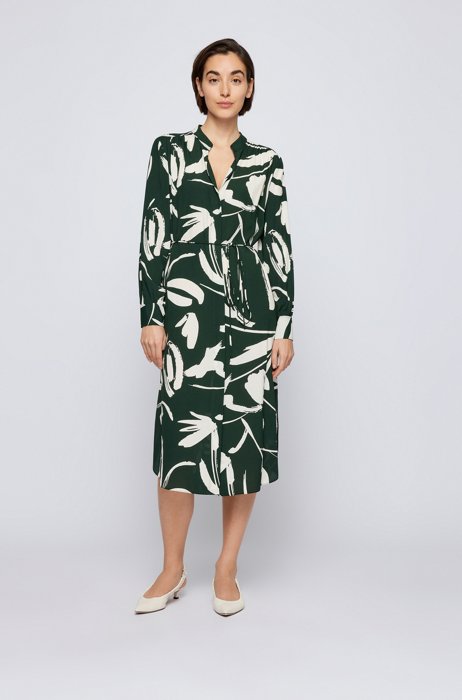 Long-sleeved floral-print dress with tie belt, Green Patterned