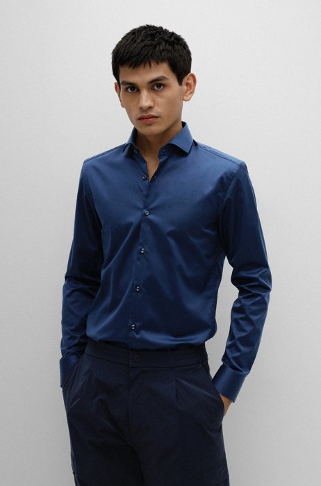 Slim-fit shirt in easy-iron cotton twill, Dark Blue