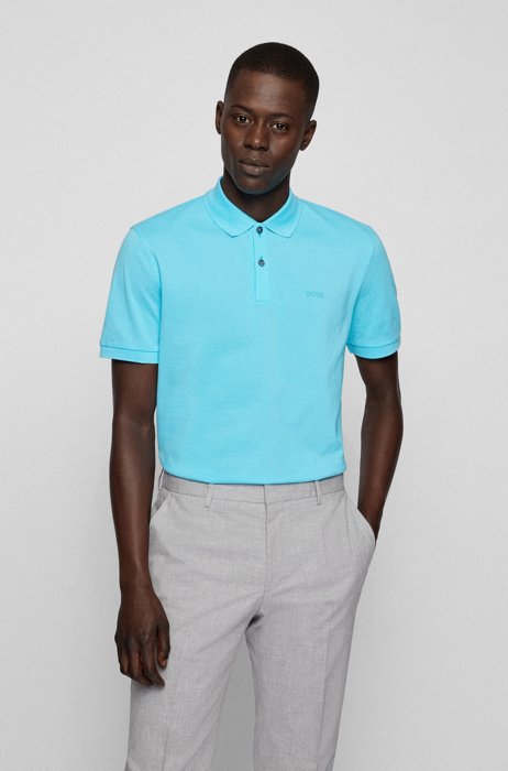 Organic-cotton polo shirt with embroidered logo, Light Blue