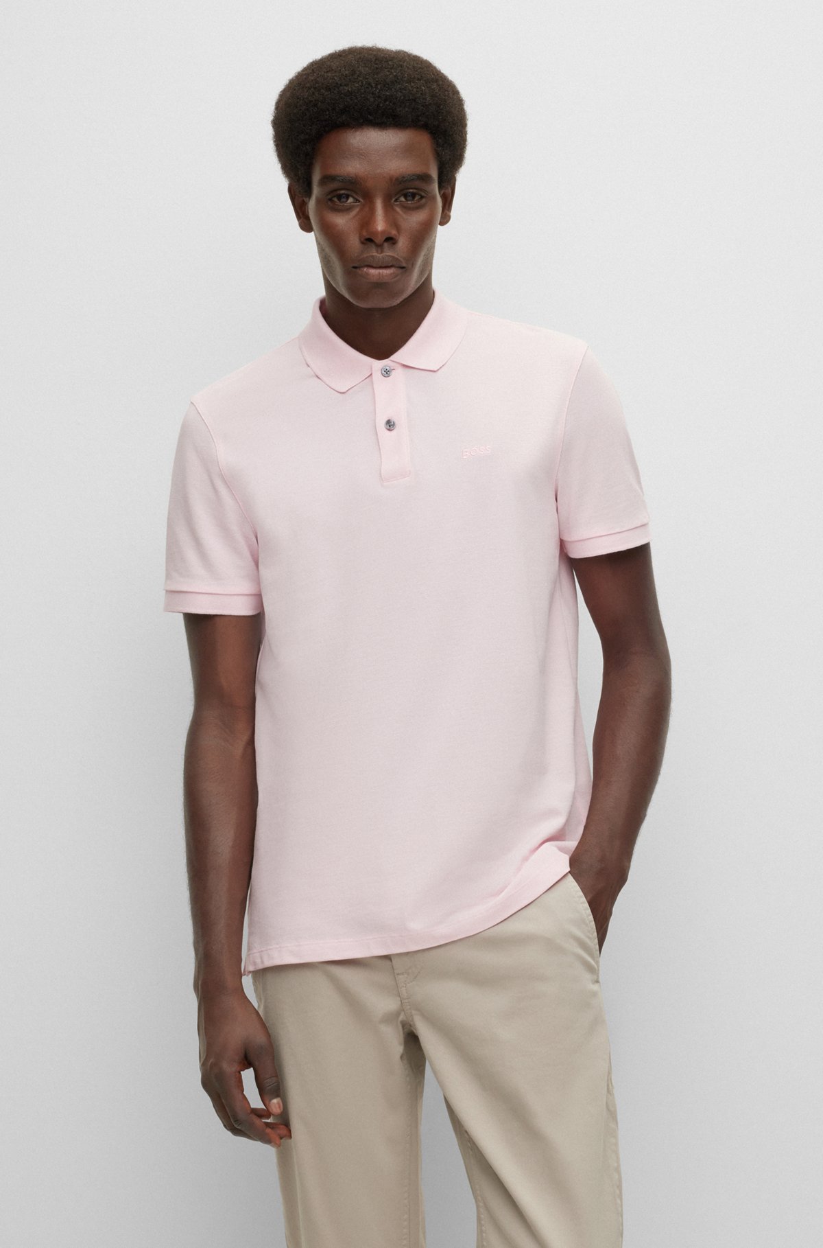 Organic-cotton polo shirt with embroidered logo, light pink