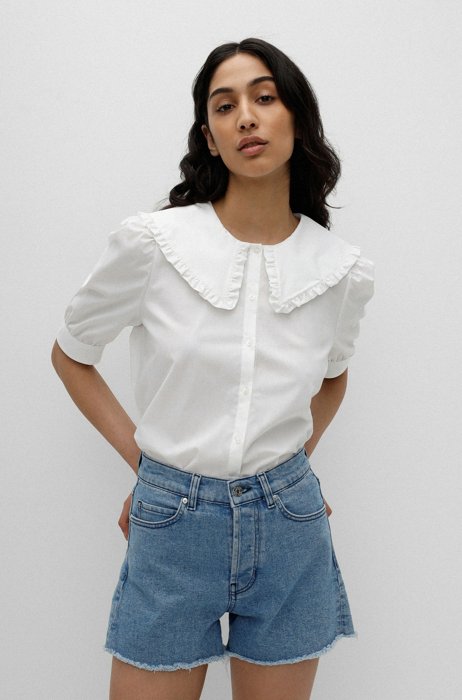 Puff-sleeve blouse in stretch-cotton with frilled collar, White
