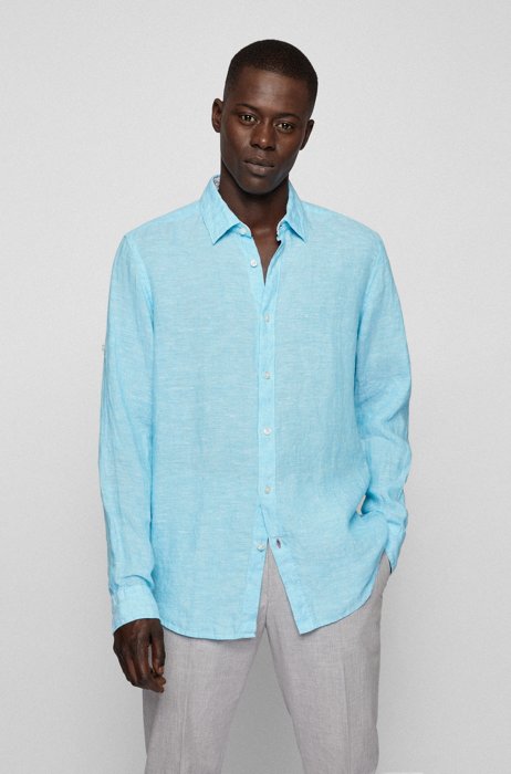 Regular-fit overhemd in een chambray van gewassen linnen, Lichtblauw