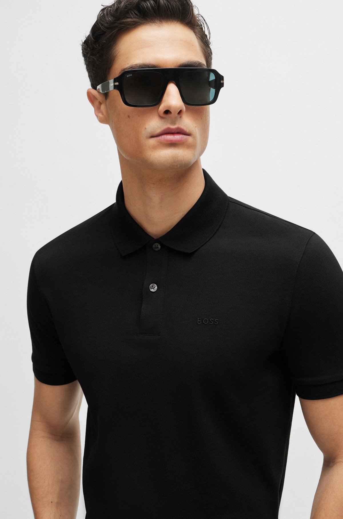 Regular-fit polo shirt in cotton with embroidered logo, Black
