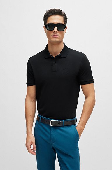 Regular-Fit Poloshirt aus Baumwolle mit Logo-Stickerei, Schwarz