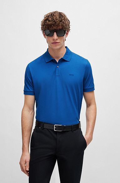 Organic-cotton polo shirt with embroidered logo, Blue