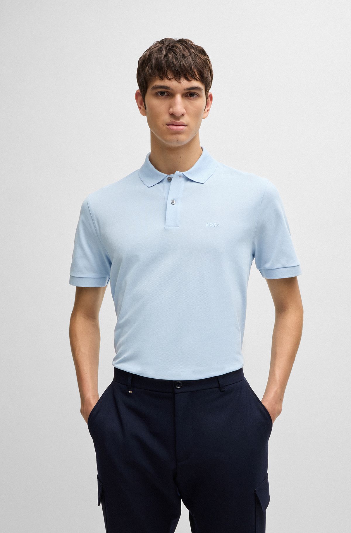Regular-fit polo shirt in cotton with embroidered logo, Light Blue