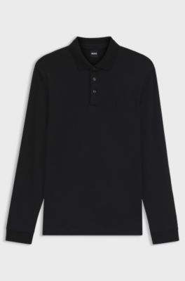 Polo &agrave; manches longues en coton interlock avec logo, Noir
