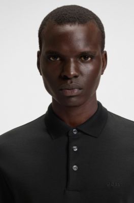 Long-sleeved polo shirt in interlock cotton with logo, Black