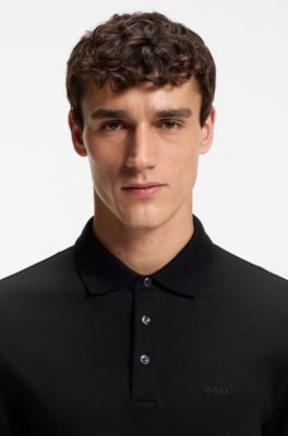 Long-sleeved polo shirt in interlock cotton with logo, Black