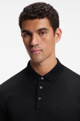 Poloshirt med lange &aelig;rmer i interlock-bomuld med logo, Sort