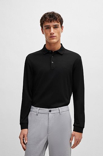 Interlock-cotton polo shirt with embroidered logo, Black