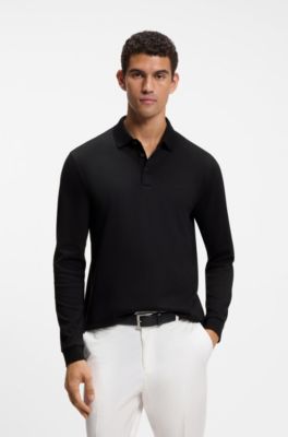 Poloshirt med lange &aelig;rmer i interlock-bomuld med logo, Sort