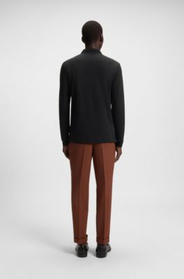 Long-sleeved polo shirt in interlock cotton with logo, Black
