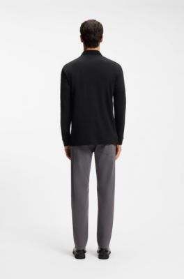 Long-sleeved polo shirt in interlock cotton with logo, Black