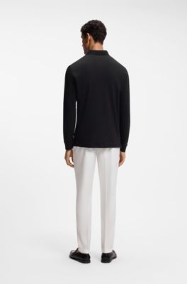 Long-sleeved polo shirt in interlock cotton with logo, Black