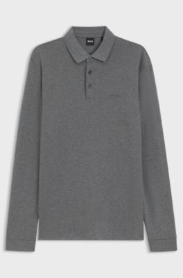 Long-sleeved polo shirt in interlock cotton with logo, Grey