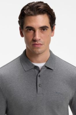 Long-sleeved polo shirt in interlock cotton with logo, Grey