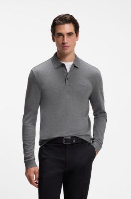 Long-sleeved polo shirt in interlock cotton with logo, Grey