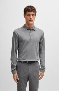 Long-sleeved polo shirt in interlock cotton with logo, Grey