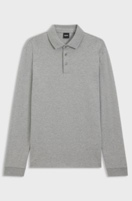 Polo &agrave; manches longues en coton interlock avec logo, Gris chin&eacute;