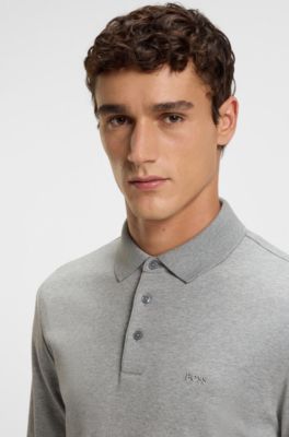 Polo &agrave; manches longues en coton interlock avec logo, Gris chin&eacute;