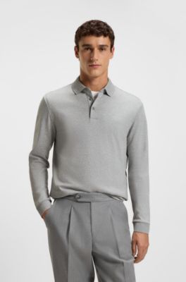 Polo &agrave; manches longues en coton interlock avec logo, Gris chin&eacute;
