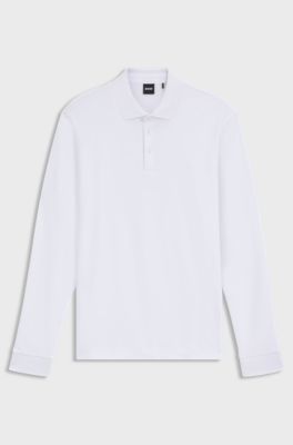 Long-sleeved polo shirt in interlock cotton with logo, White