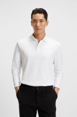 Long-sleeved polo shirt in interlock cotton with logo, White