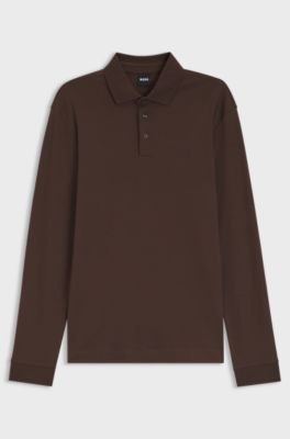Long-sleeved polo shirt in interlock cotton with logo, Dark Brown