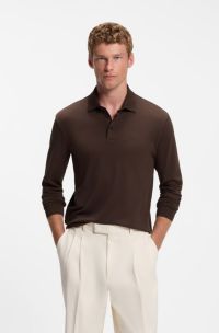 Long-sleeved polo shirt in interlock cotton with logo, Dark Brown