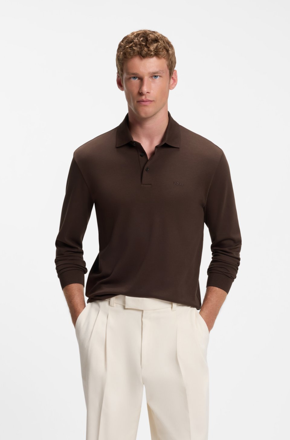 Long-sleeved polo shirt in interlock cotton with logo