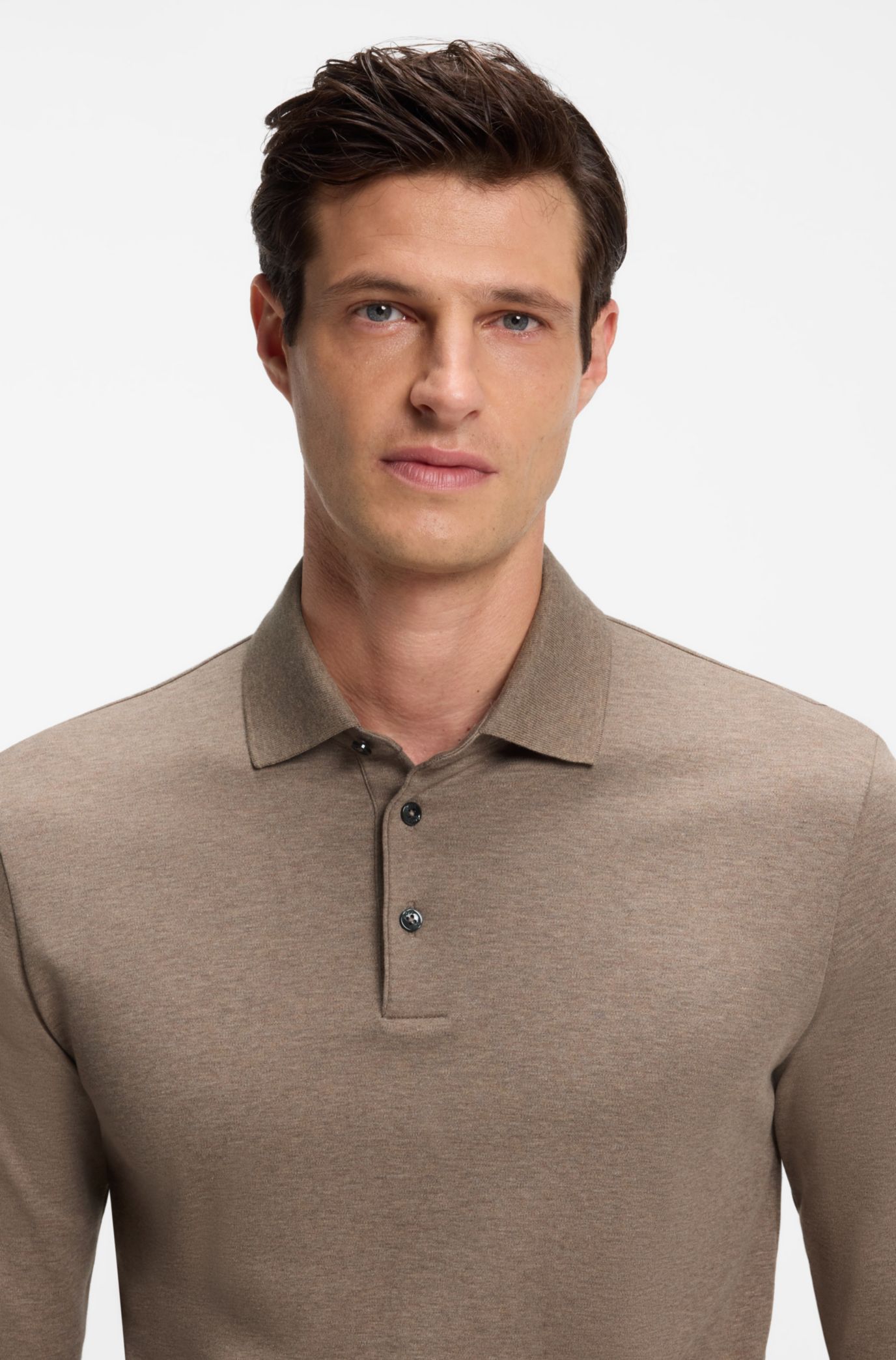Long-sleeved polo shirt in interlock cotton with logo, Light Brown
