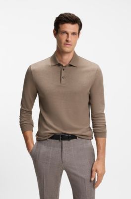 Long-sleeved polo shirt in interlock cotton with logo, Light Brown