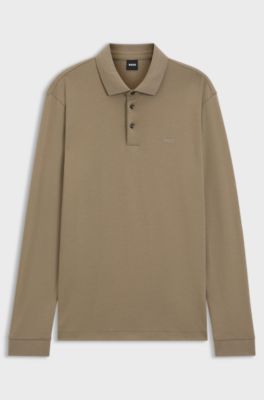 Polo &agrave; manches longues en coton interlock avec logo, Brun chin&eacute;