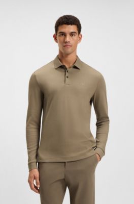 Polo a maniche lunghe in cotone intrecciato con logo, Marrone chiaro