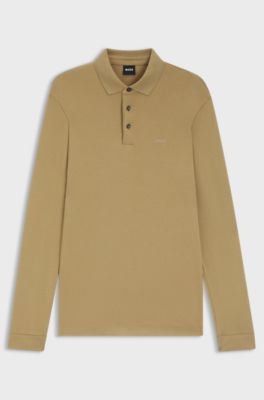 Long-sleeved polo shirt in interlock cotton with logo, Beige