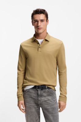 Long-sleeved polo shirt in interlock cotton with logo, Beige