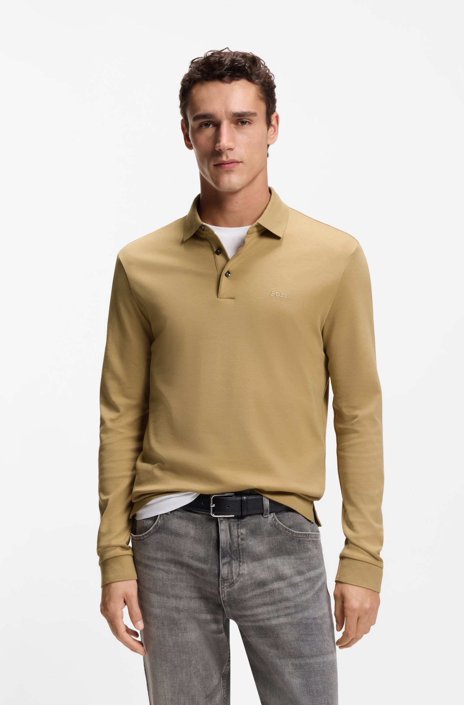 Boss Long-sleeved polo shirt in interlock cotton with logo pikéer herr