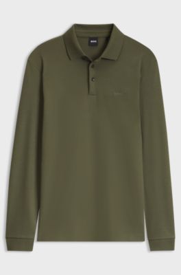 Long-sleeved polo shirt in interlock cotton with logo, Olive
