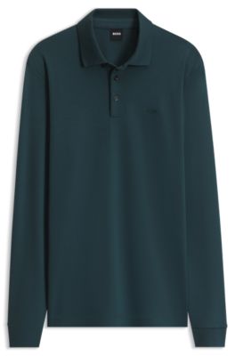 Long-sleeved polo shirt in interlock cotton with logo, Dark Green