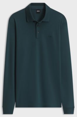 Long-sleeved polo shirt in interlock cotton with logo, Dark Green
