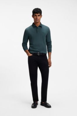 Long-sleeved polo shirt in interlock cotton with logo, Dark Green