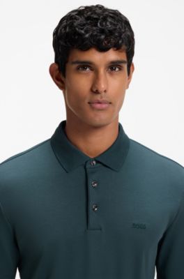 Long-sleeved polo shirt in interlock cotton with logo, Dark Green