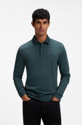 Long-sleeved polo shirt in interlock cotton with logo, Dark Green