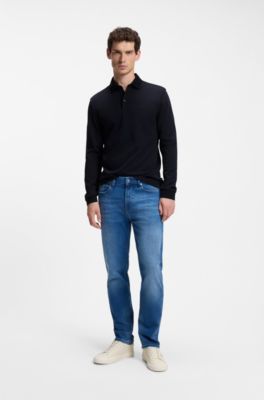 Long-sleeved polo shirt in interlock cotton with logo, Dark Blue