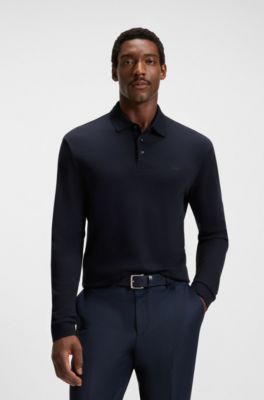 Polo met lange mouwen van interlocked katoen met logo, Donkerblauw