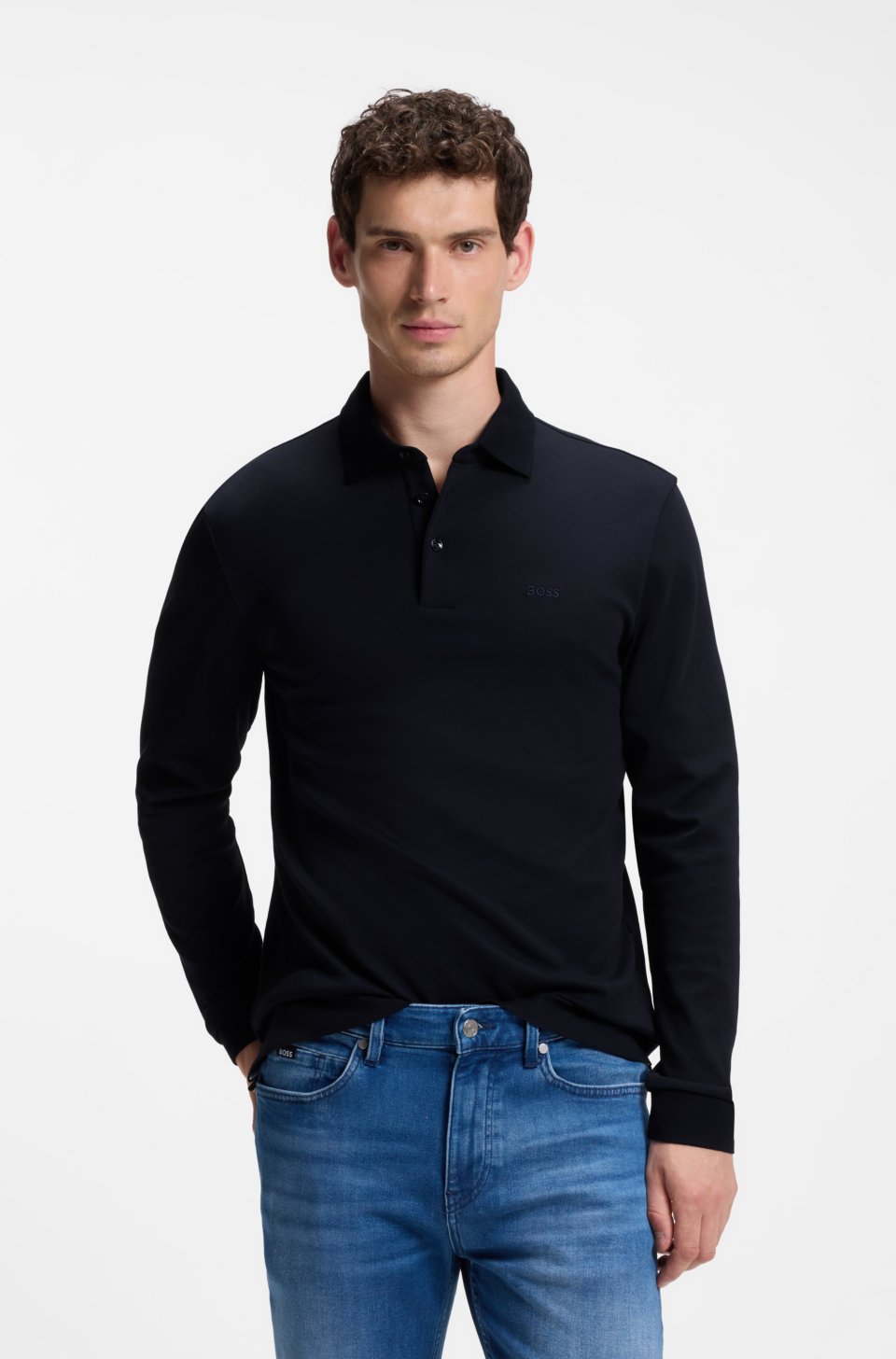 Long-sleeved polo shirt in interlock cotton with logo