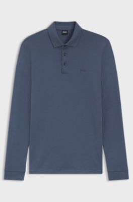 Long-sleeved polo shirt in interlock cotton with logo, Blue