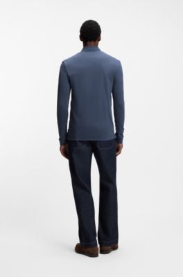 Long-sleeved polo shirt in interlock cotton with logo, Blue